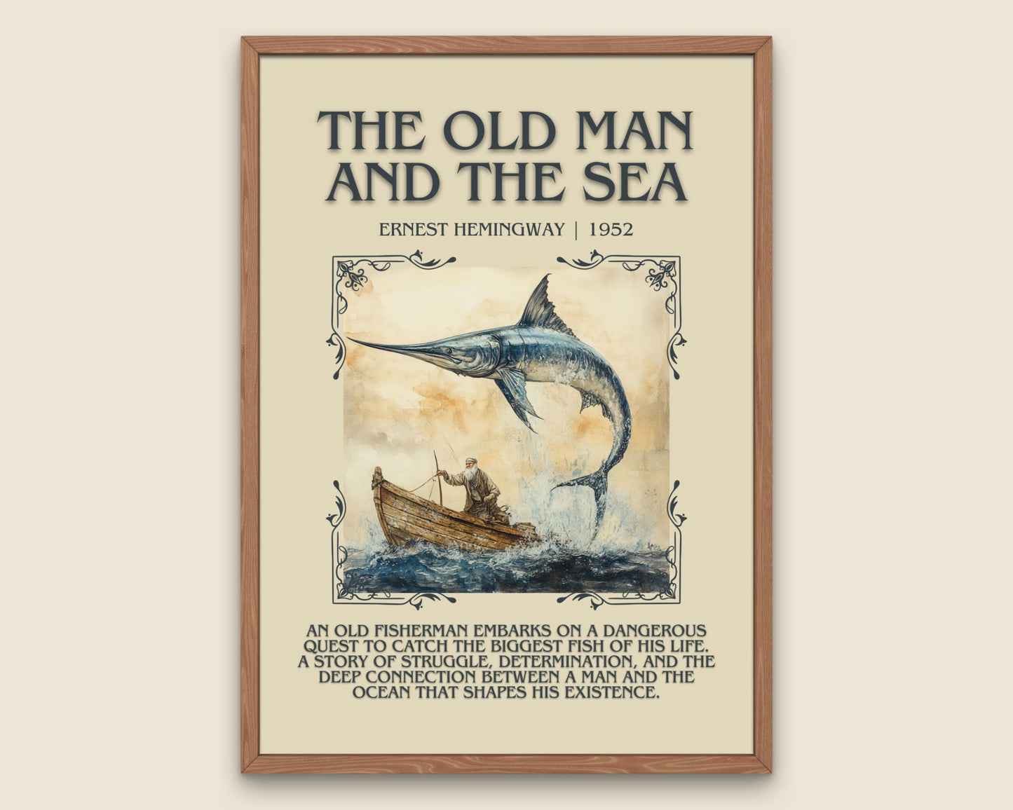 The Old Man And The Sea by Ernest Hemingway Descriptive, High Quality Poster Print. Free Delivery Wall Art.Author and Blurb Book Artwork