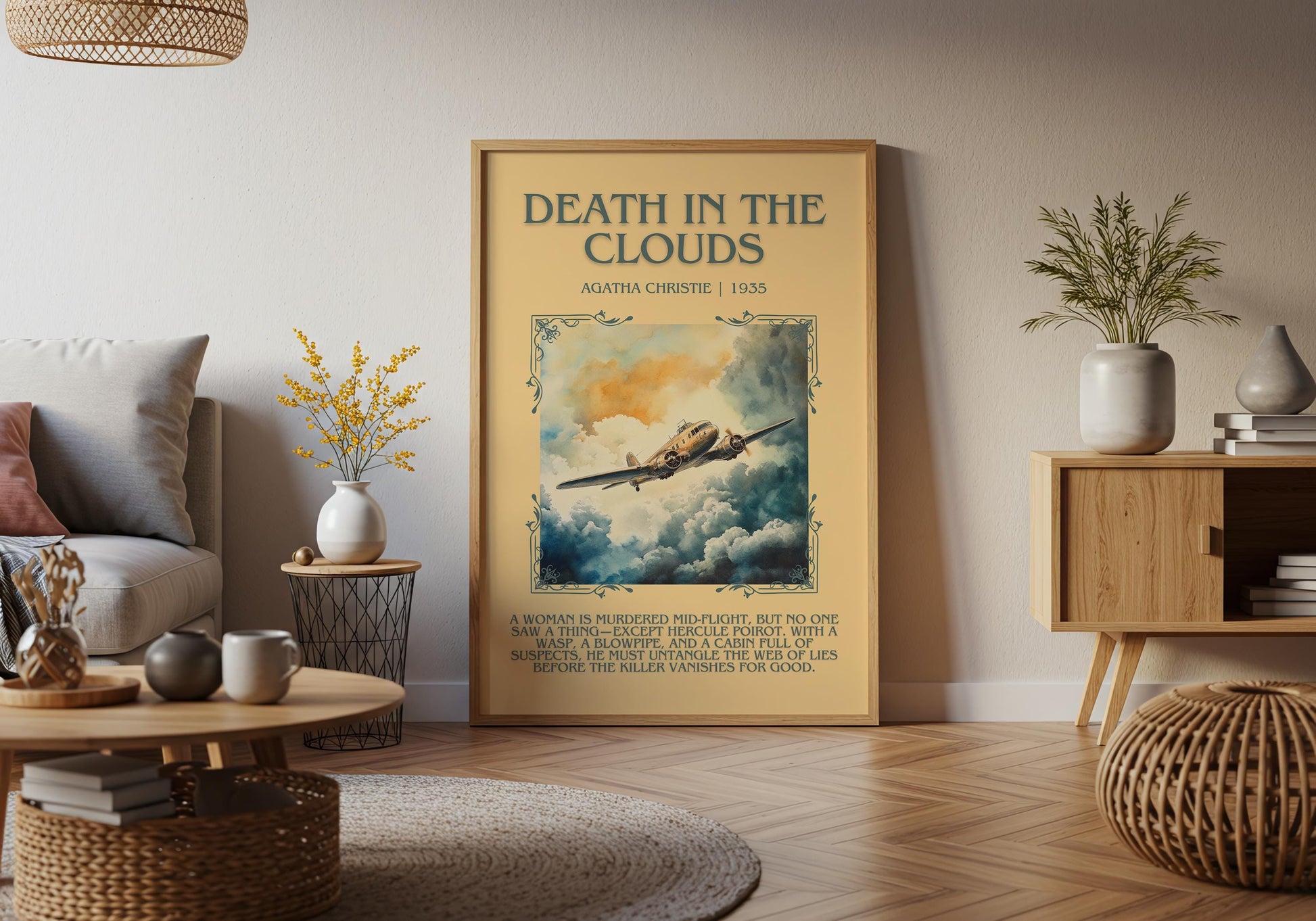 Death In The Clouds by Agatha Christie Descriptive, High Quality Poster Print. Free Delivery Wall Art.Author & Blurb Book Artwork. Book Gift