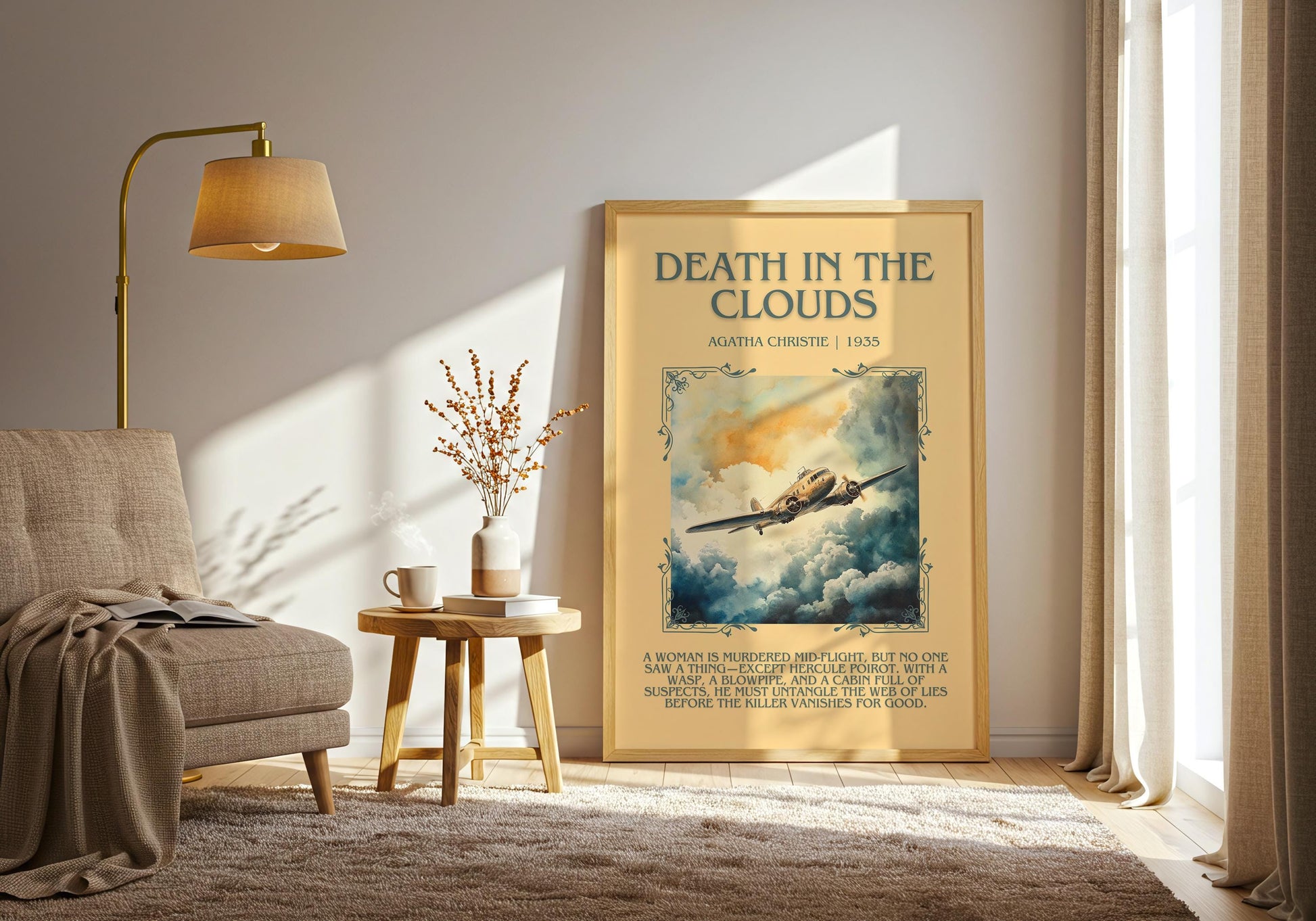 Death In The Clouds by Agatha Christie Descriptive, High Quality Poster Print. Free Delivery Wall Art.Author & Blurb Book Artwork. Book Gift