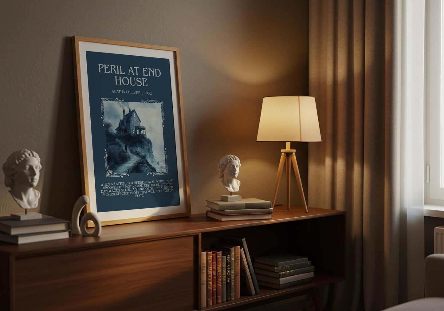 Peril At End House by Agatha Christie Descriptive, High Quality Poster Print Free Delivery Wall Art. Author&Blurb Book Artwork. Summary Gift