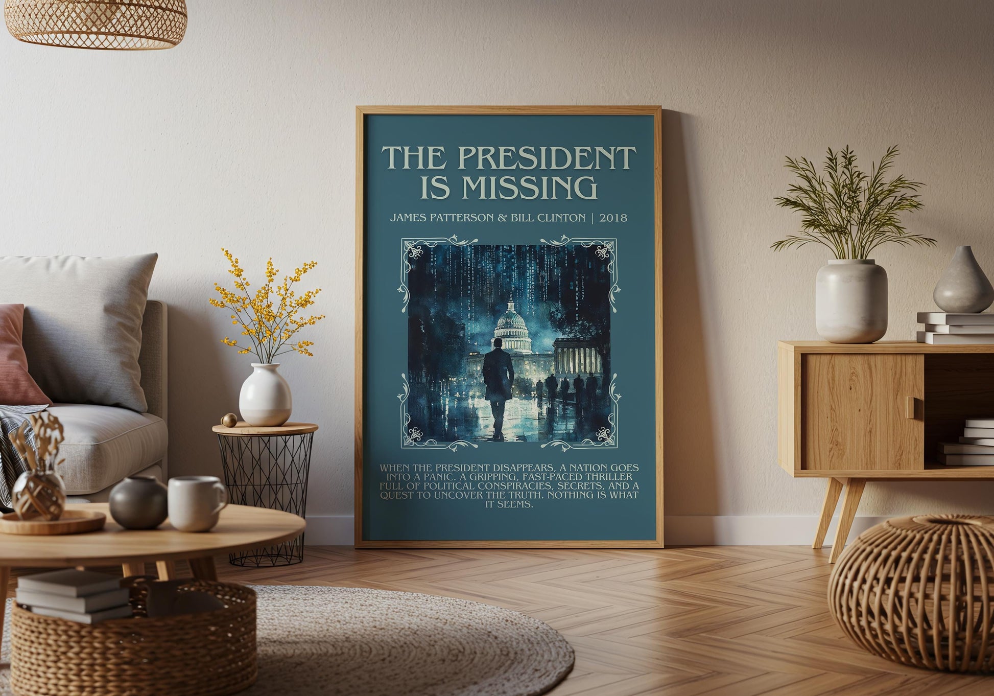 The President Is Missing by James Patterson Descriptive, High Quality Poster Print. Free Delivery Wall Art. Author & Blurb Book Artwork.