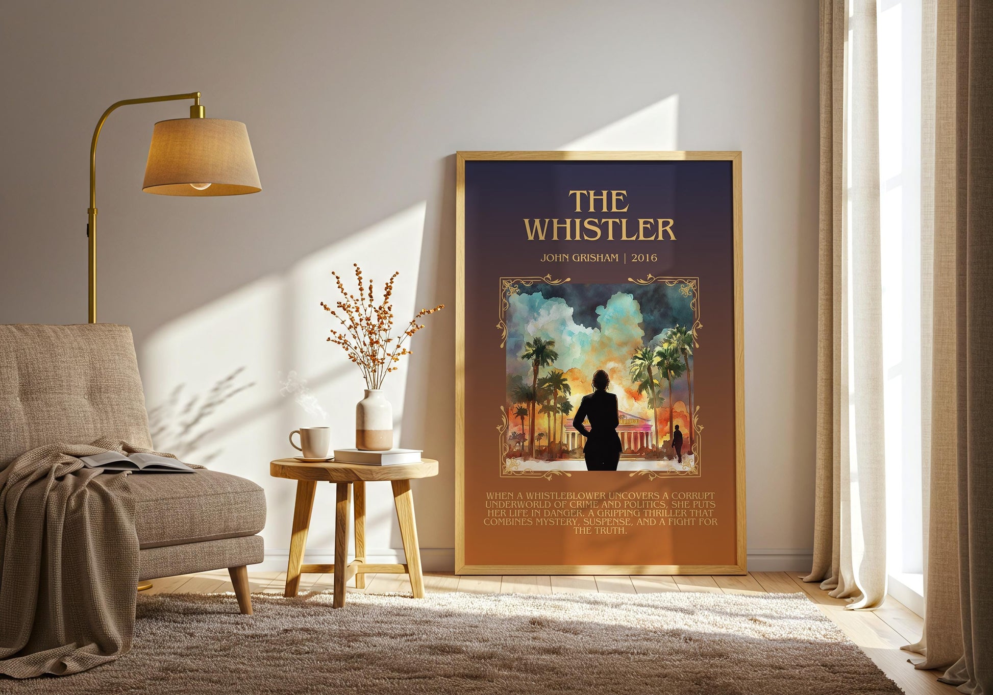 The Whistler by John Grisham Descriptive, High Quality Poster Print Free Delivery Wall Art. Author&Blurb Book Artwork. Book Summary Gift