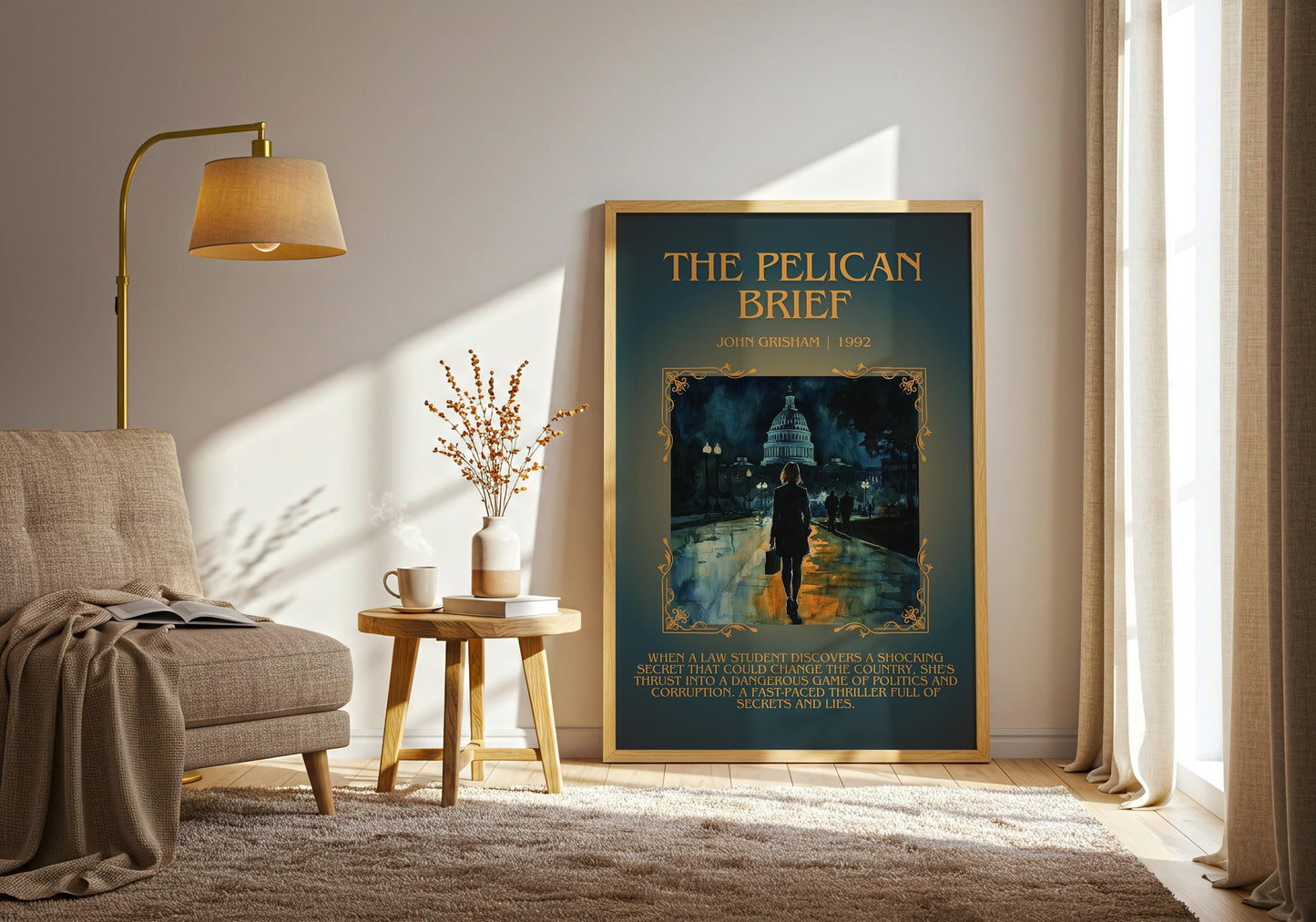 The Pelican Brief by John Grisham Descriptive, High Quality Poster Print. Free Delivery Wall Art.Author&Blurb Book Artwork.Book Summary Gift