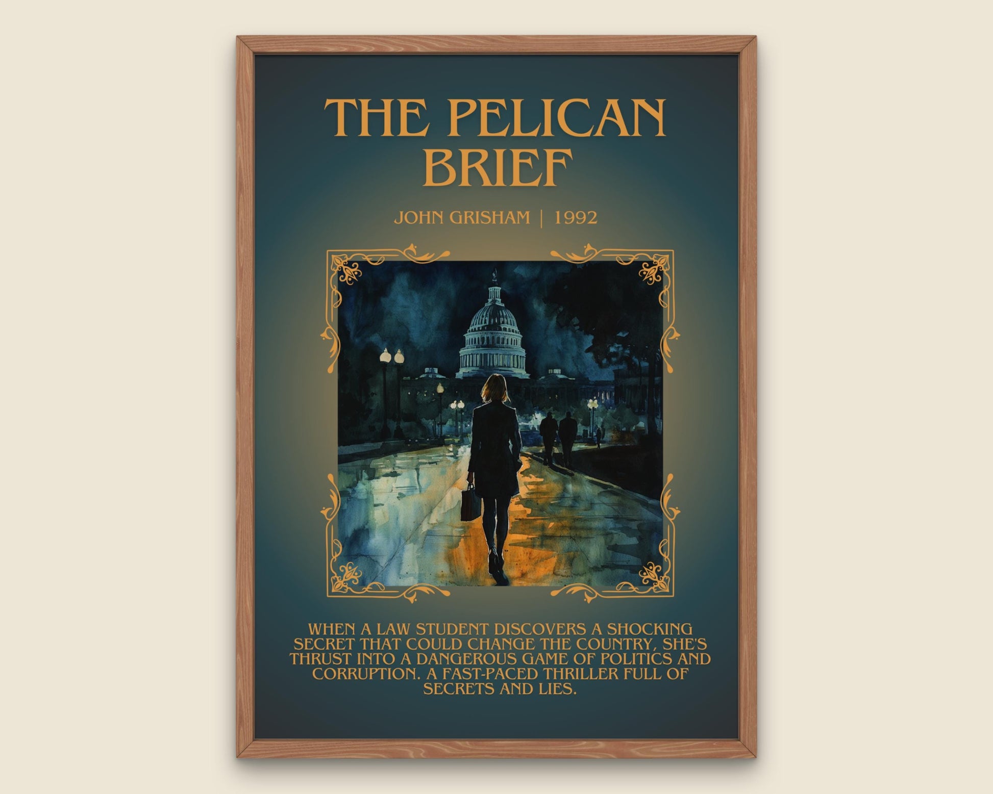 The Pelican Brief by John Grisham Descriptive, High Quality Poster Print. Free Delivery Wall Art.Author&Blurb Book Artwork.Book Summary Gift