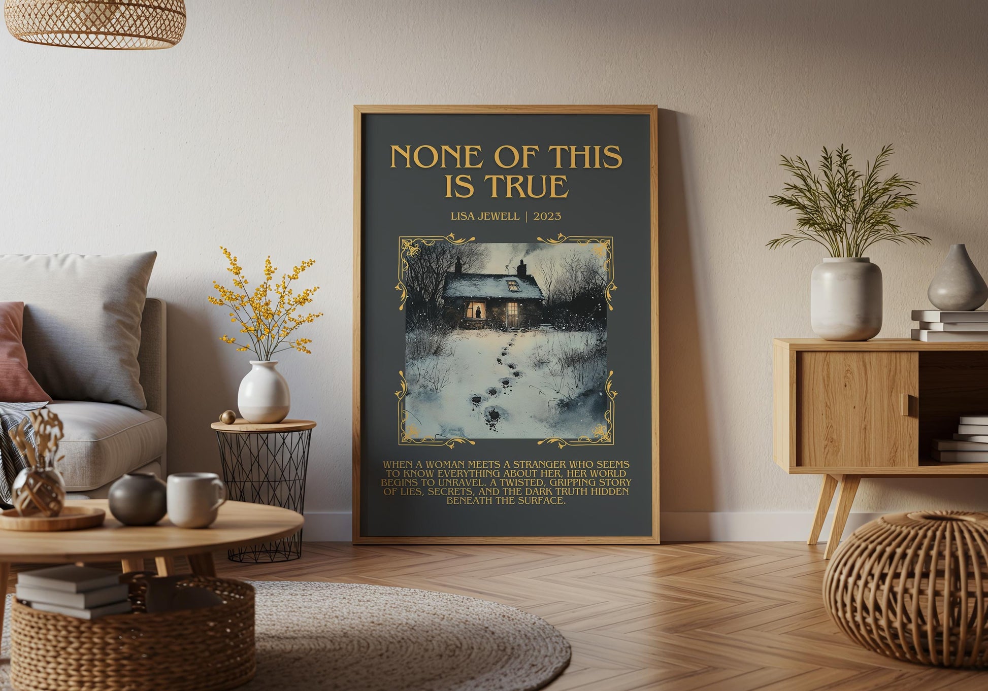 None Of This Is True by Lisa Jewell Descriptive, High Quality Poster Print.Free Delivery Wall Art.Author&Blurb Book Artwork. Gift