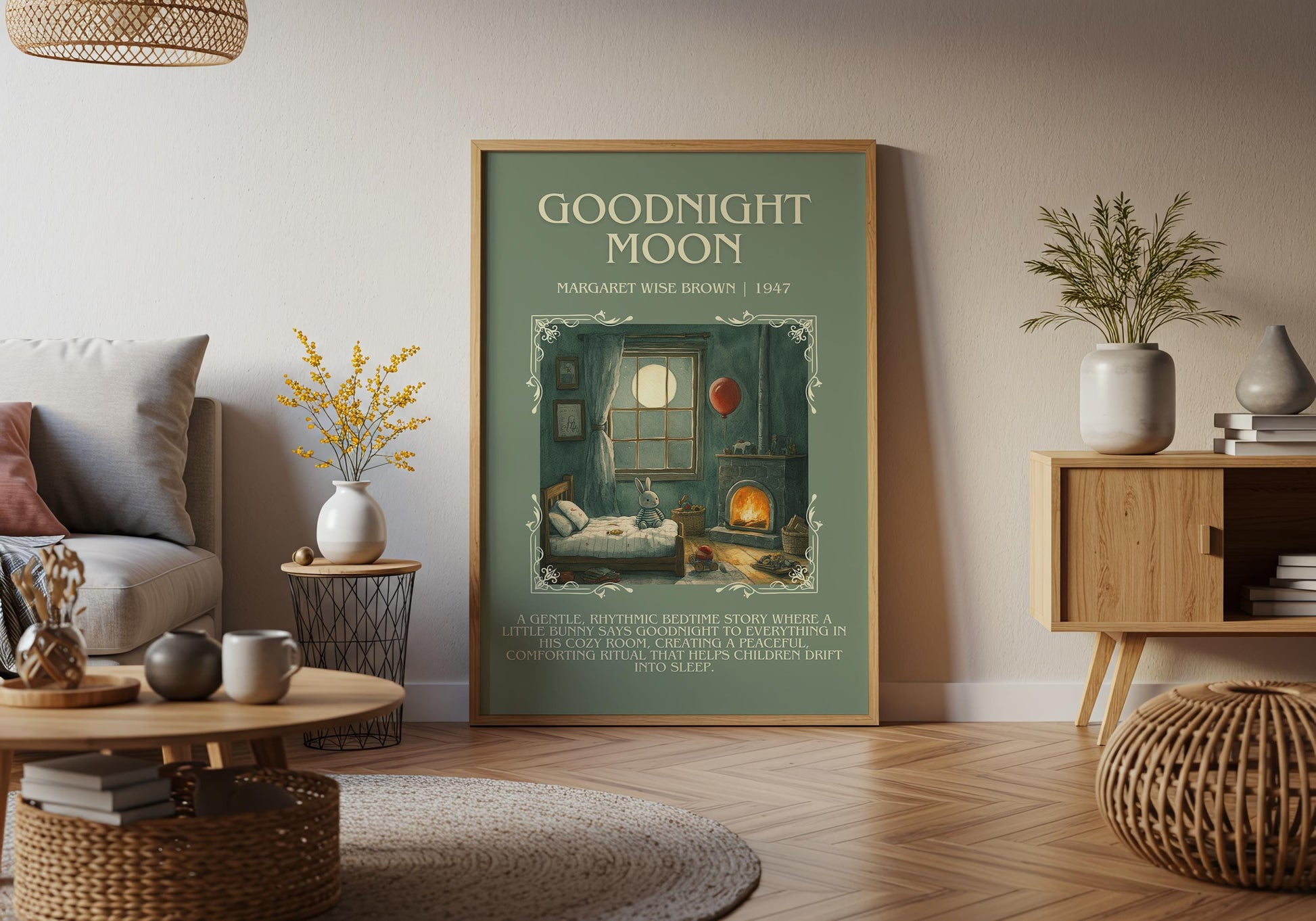 Goodnight Moon by Margaret Wise Brown Descriptive, High Quality Poster Print. Free Delivery Wall Art. Author and Blurb Book/Novel Artwork