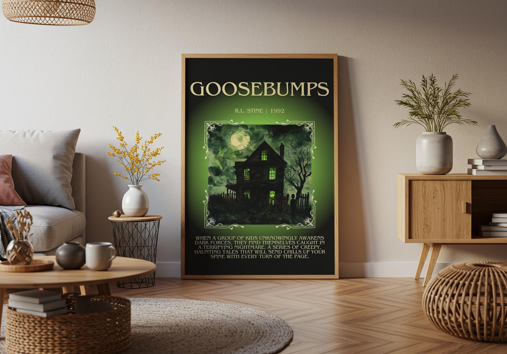 Goosebumps by R.L. Stine Descriptive, High Quality Poster Print. Free Delivery Wall Art. Author and Blurb Book Artwork