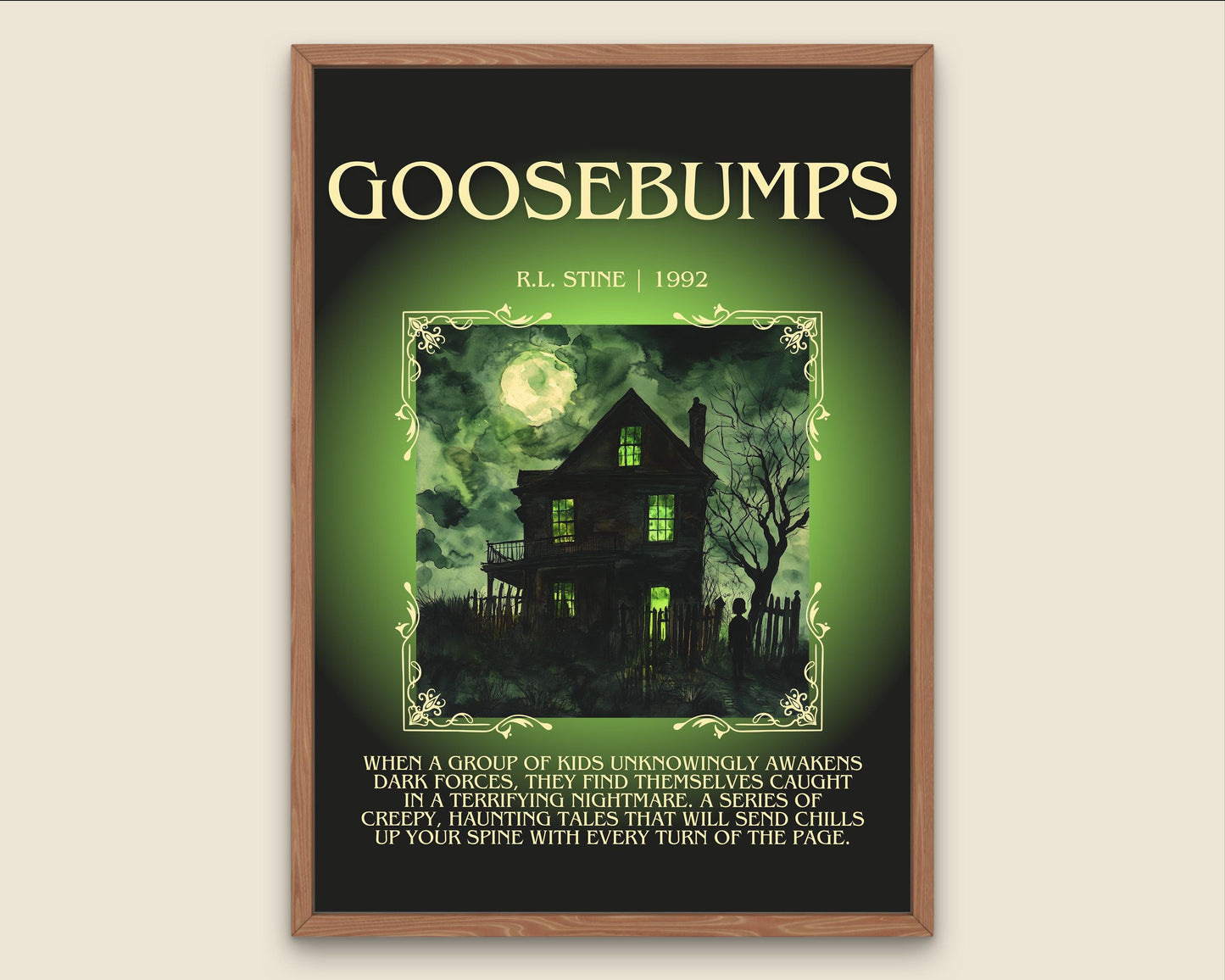 Goosebumps by R.L. Stine Descriptive, High Quality Poster Print. Free Delivery Wall Art. Author and Blurb Book Artwork