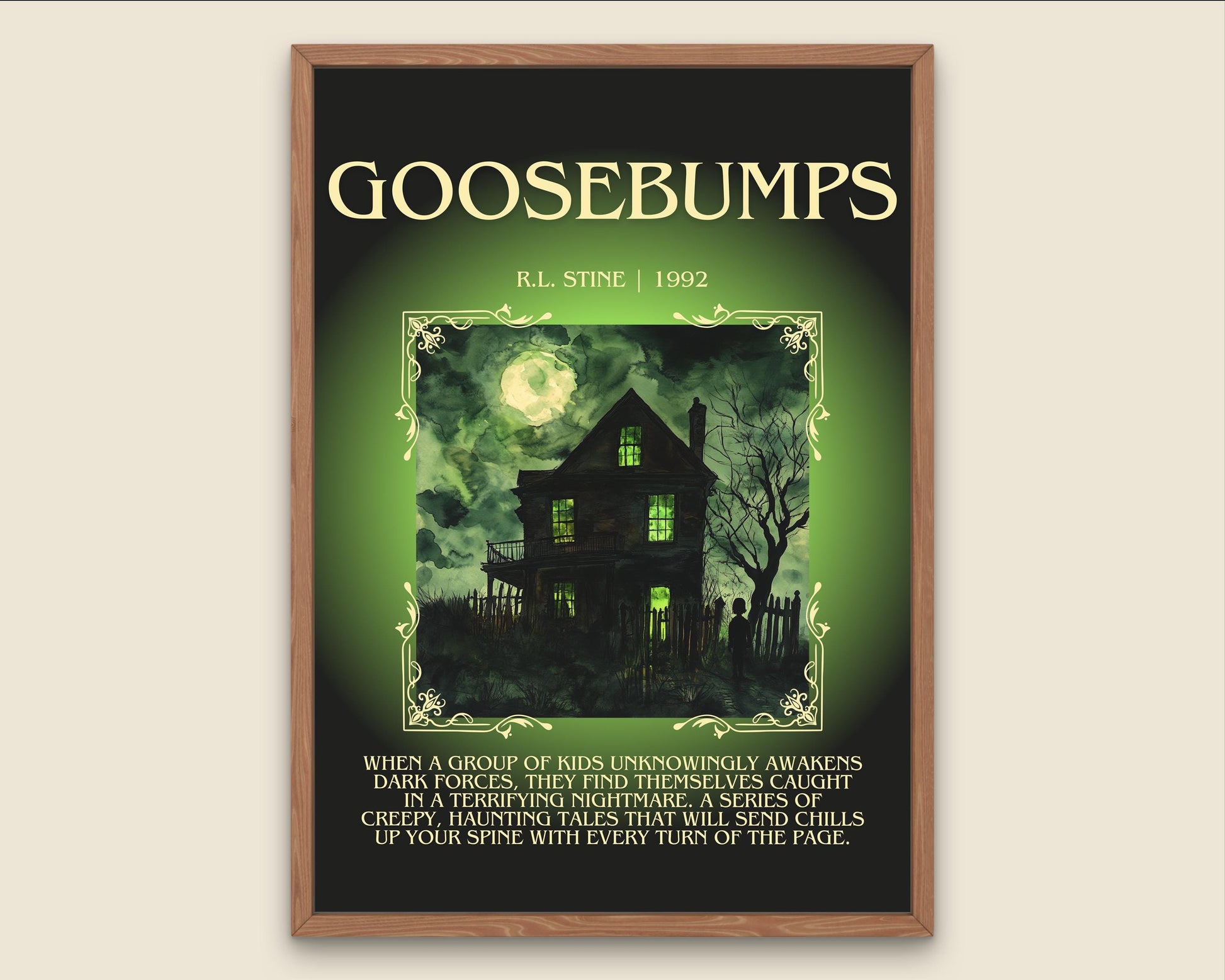 Goosebumps by R.L. Stine Descriptive, High Quality Poster Print. Free Delivery Wall Art. Author and Blurb Book Artwork