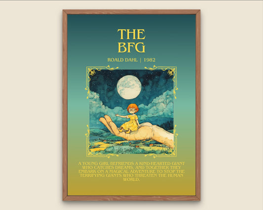 The BFG by Roald Dahl Descriptive, High Quality Poster Print. Free Delivery Wall Art. Author and Blurb Book Artwork. Gift Art for Home Kids