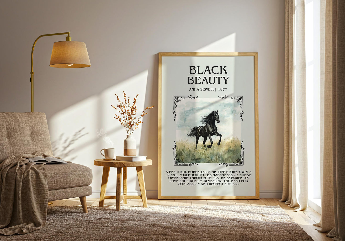 Black Beauty by Anna Sewell Descriptive, High Quality Poster. Fast, Free Delivery Wall Art. Author and Blurb Book Artwork. Summary Book Art