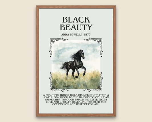 Black Beauty by Anna Sewell Descriptive, High Quality Poster. Fast, Free Delivery Wall Art. Author and Blurb Book Artwork. Summary Book Art