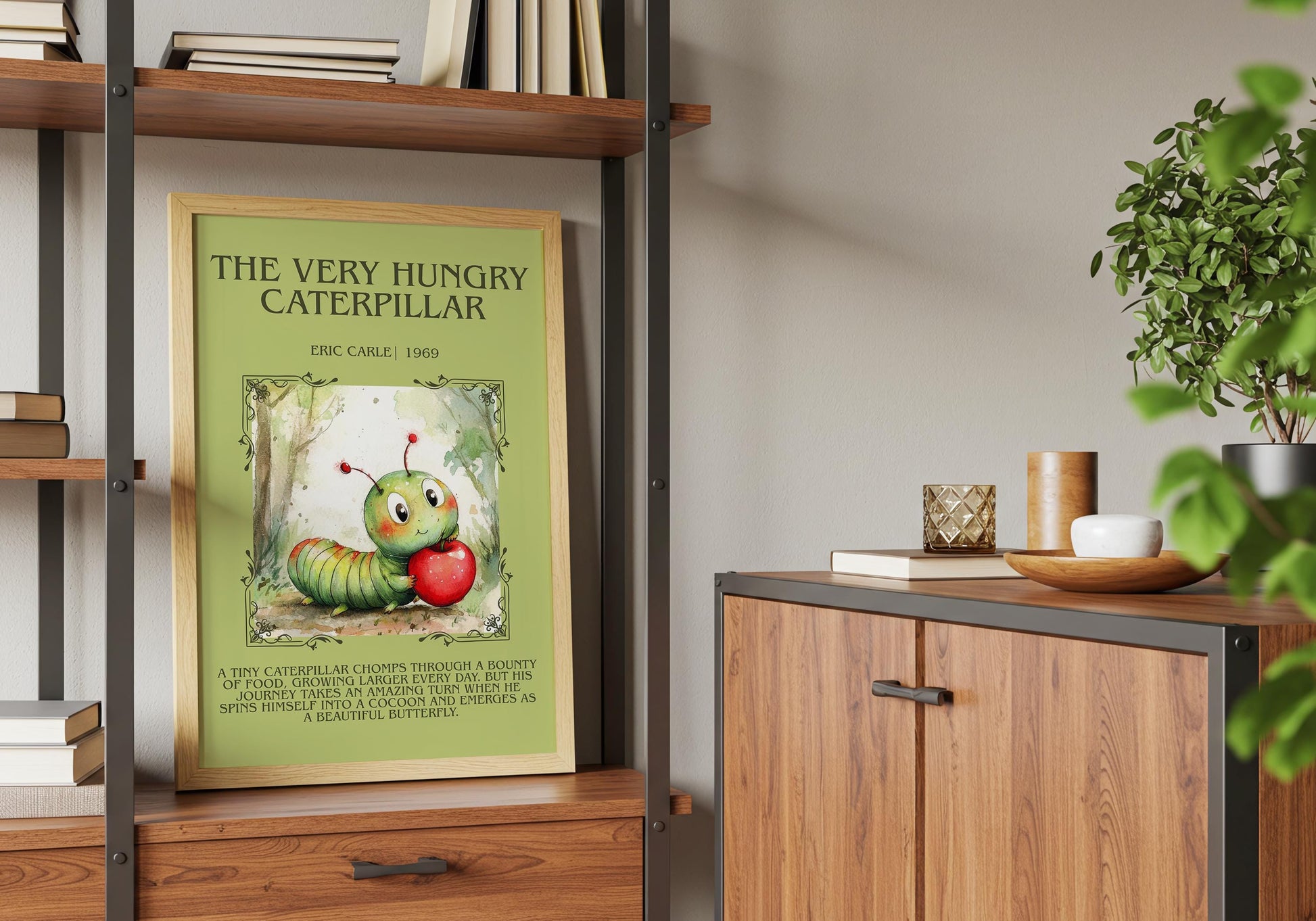 The Very Hungry Caterpillar by Eric Carle Descriptive, High Quality Poster. Fast, Free Delivery Wall Art. Author and Blurb Book Artwork