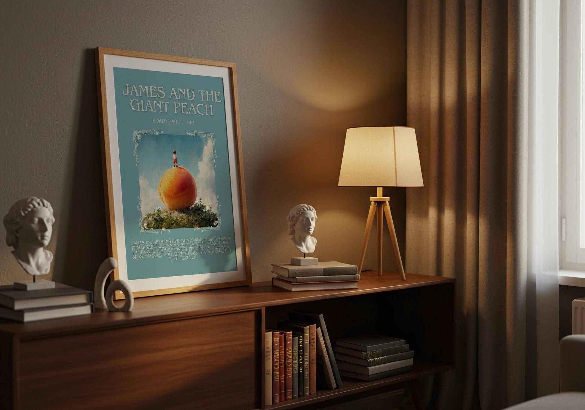 James And The Giant Peach by Roald Dahl Descriptive,High Quality Poster. Free Delivery Wall Art. Author and Blurb Book Artwork. Book Summary