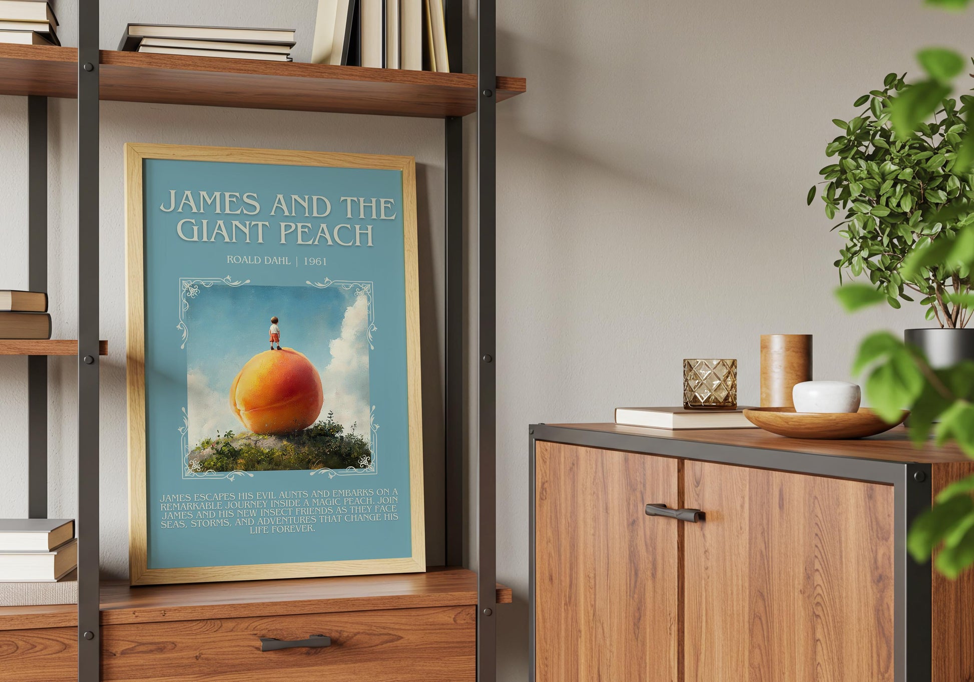 James And The Giant Peach by Roald Dahl Descriptive,High Quality Poster. Free Delivery Wall Art. Author and Blurb Book Artwork. Book Summary