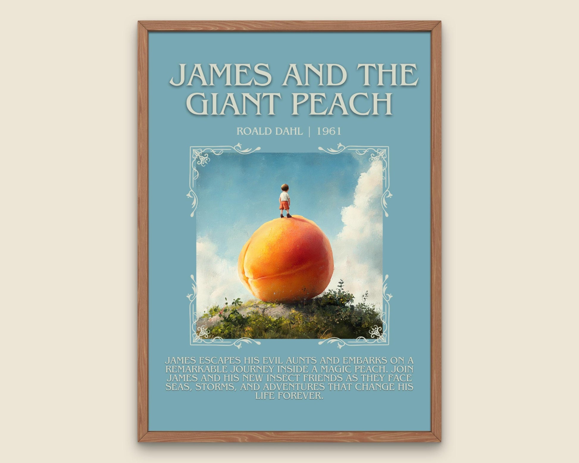 James And The Giant Peach by Roald Dahl Descriptive,High Quality Poster. Free Delivery Wall Art. Author and Blurb Book Artwork. Book Summary