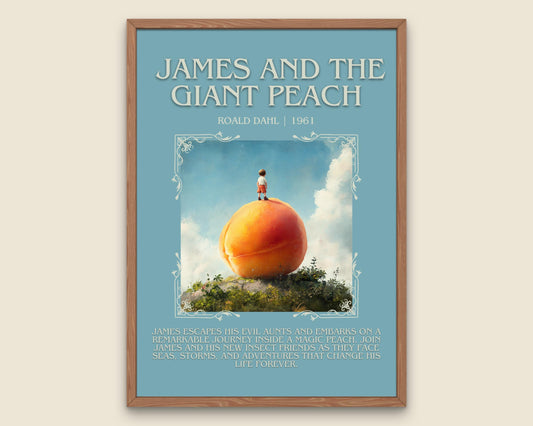 James And The Giant Peach by Roald Dahl Descriptive,High Quality Poster. Free Delivery Wall Art. Author and Blurb Book Artwork. Book Summary