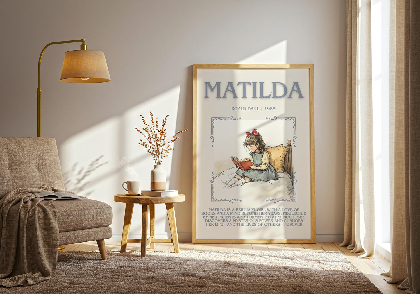 Matilda by Roald Dahl Descriptive, High Quality Poster. Fast, Free Delivery Wall Art. Author and Blurb Book Artwork. Book Lover Gift