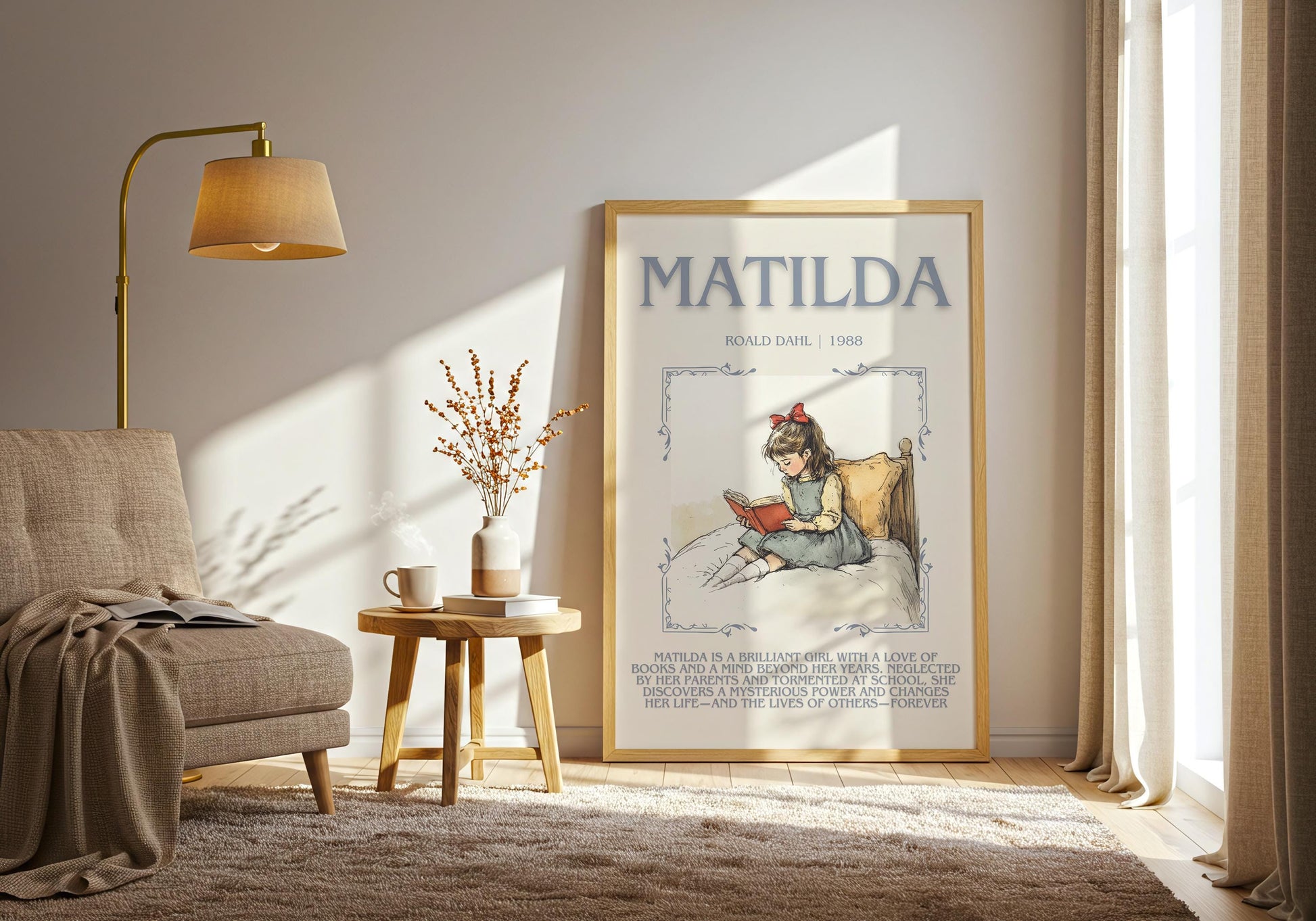 Matilda by Roald Dahl Descriptive, High Quality Poster. Fast, Free Delivery Wall Art. Author and Blurb Book Artwork. Book Lover Gift
