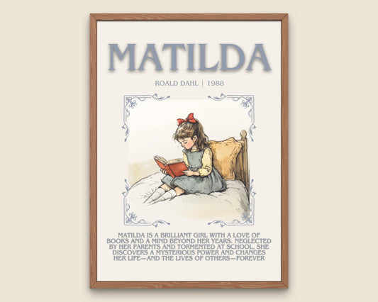 Matilda by Roald Dahl Descriptive, High Quality Poster. Fast, Free Delivery Wall Art. Author and Blurb Book Artwork. Book Lover Gift