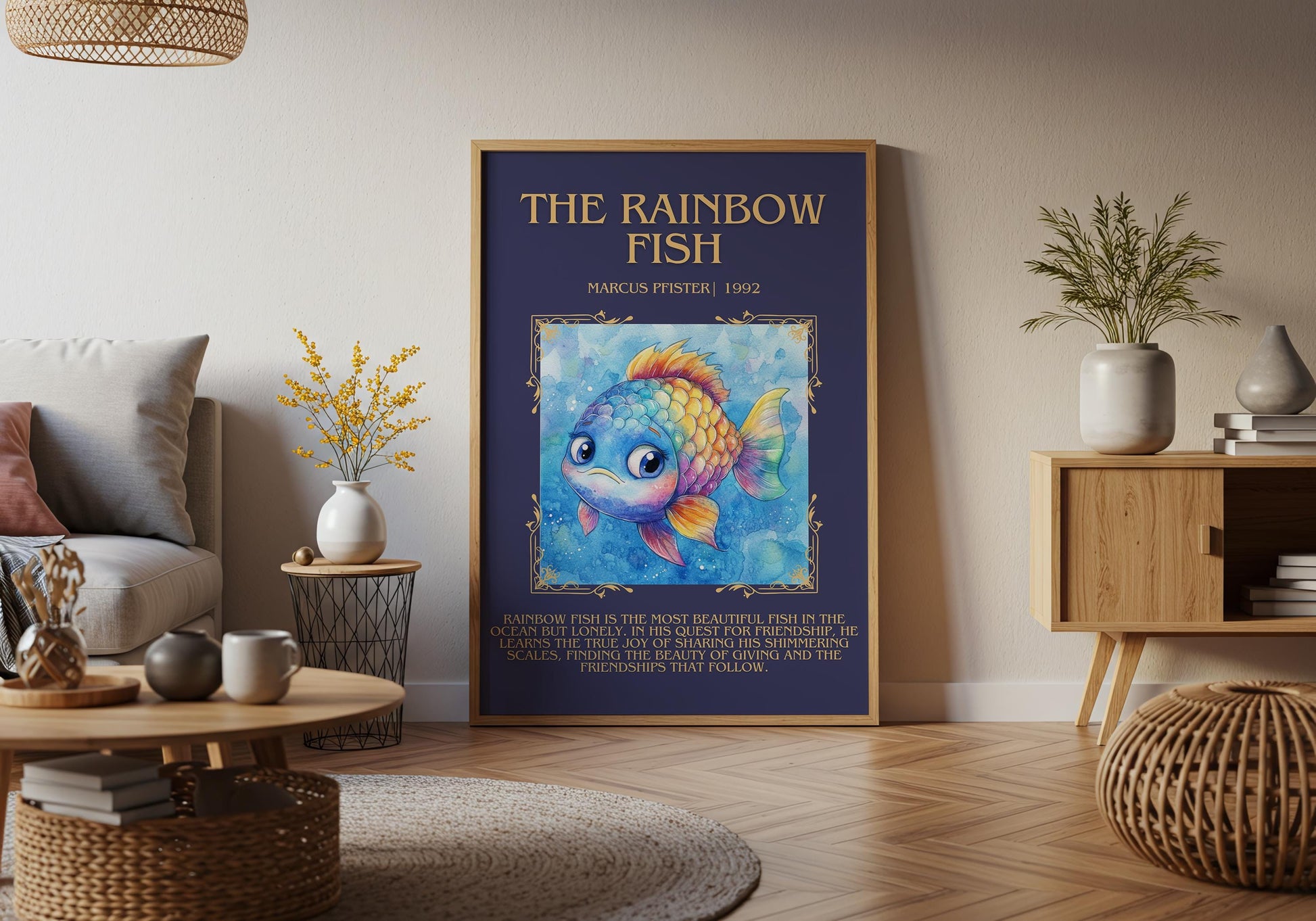 The Rainbow Fish by Marcus Pfister Descriptive, High Quality Poster. Fast, Free Delivery Wall Art. Author and Blurb Book Artwork. Book Lover