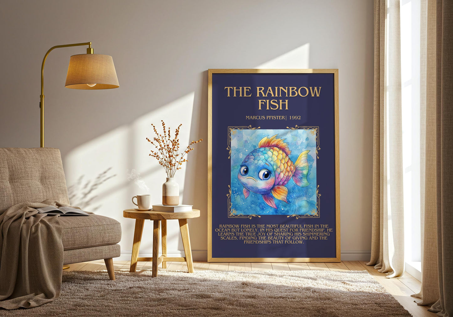 The Rainbow Fish by Marcus Pfister Descriptive, High Quality Poster. Fast, Free Delivery Wall Art. Author and Blurb Book Artwork. Book Lover