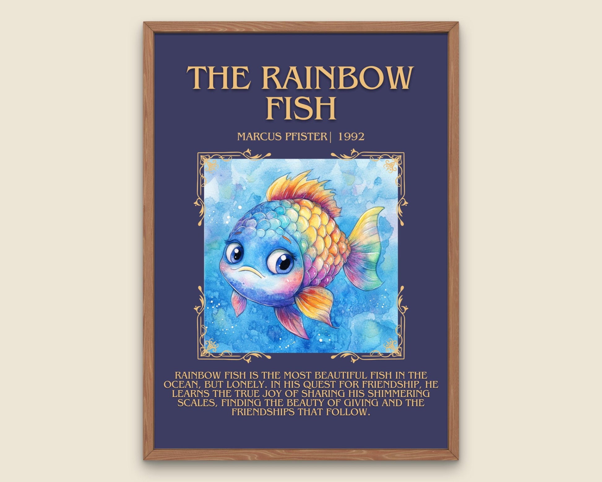 The Rainbow Fish by Marcus Pfister Descriptive, High Quality Poster. Fast, Free Delivery Wall Art. Author and Blurb Book Artwork. Book Lover