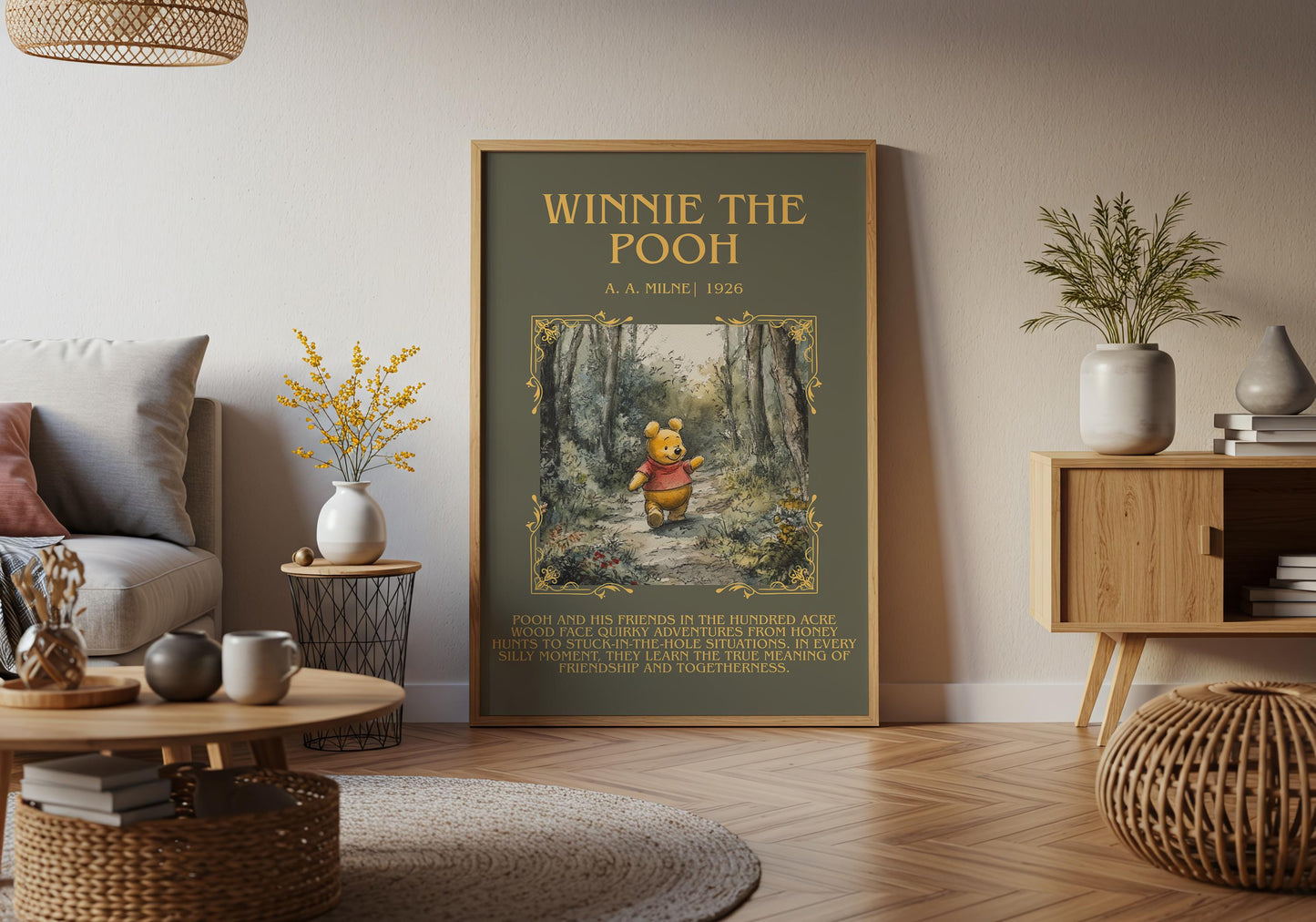 Winnie The Pooh by A.A. Milne Descriptive,High Quality Poster. Free Delivery Wall Art. Author and Blurb Book Artwork. Book Lover Gift