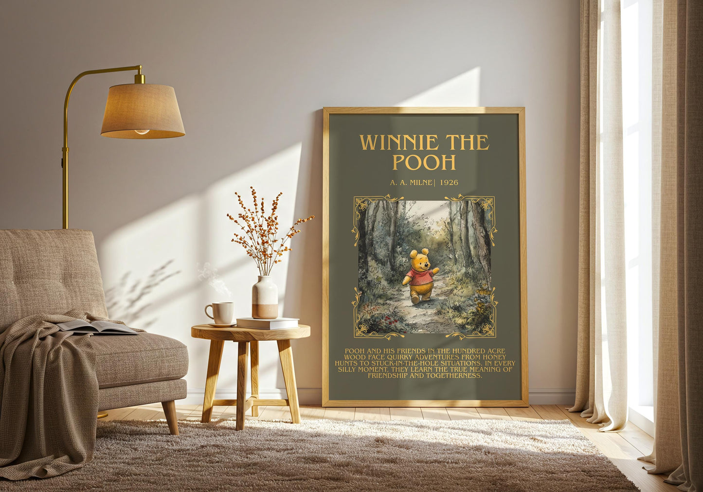 Winnie The Pooh by A.A. Milne Descriptive,High Quality Poster. Free Delivery Wall Art. Author and Blurb Book Artwork. Book Lover Gift
