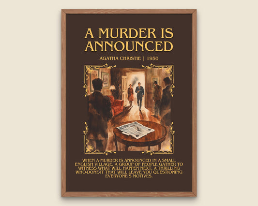 A Murder Is Announced by Agatha Christie Descriptive, High Quality Poster Print. Free Delivery Wall Art. Author and Blurb Book Artwork