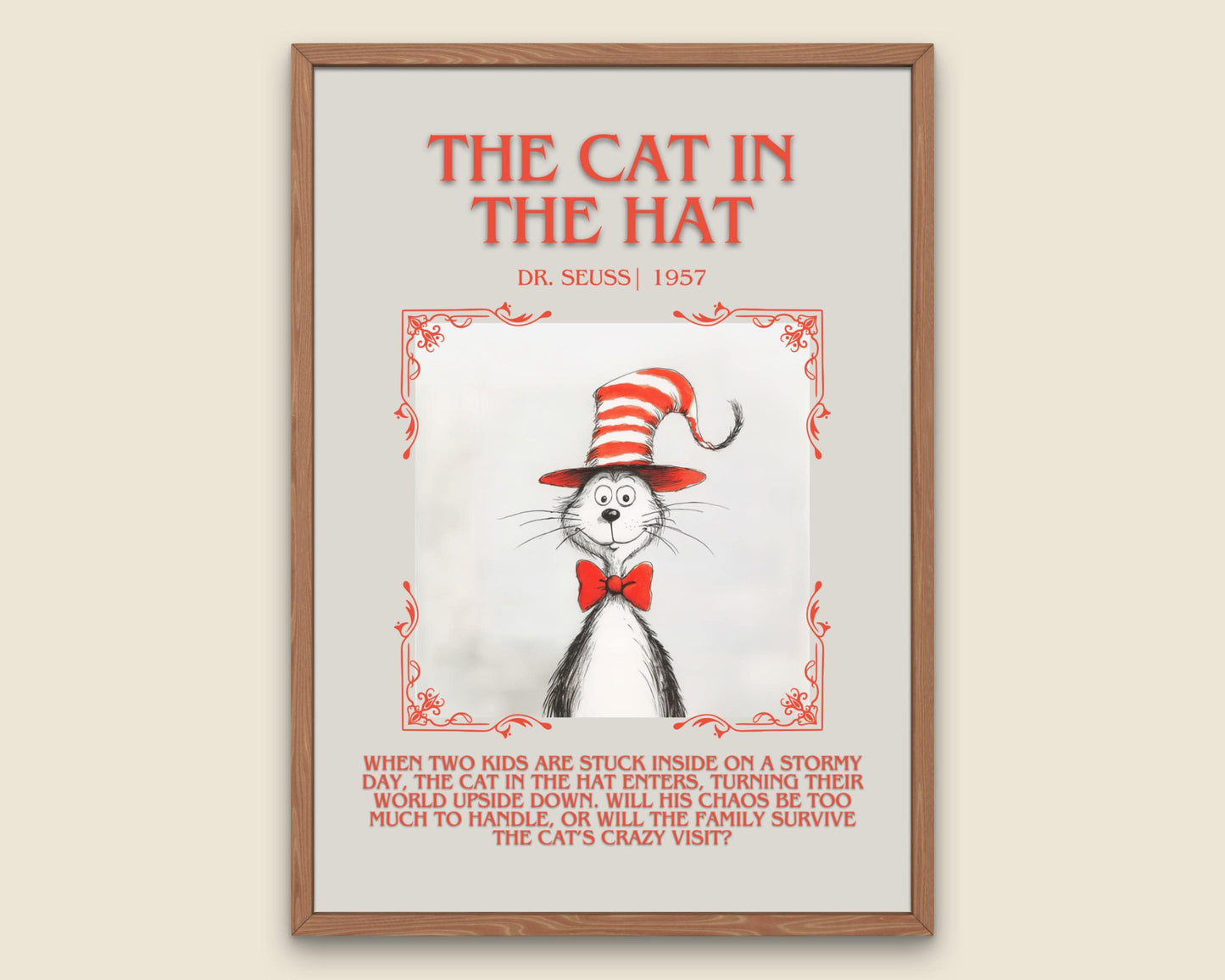 The Cat In The Hat by Dr. Seuss Descriptive, High Quality Poster Print. Free Delivery Wall Art.Author and Blurb Book Artwork