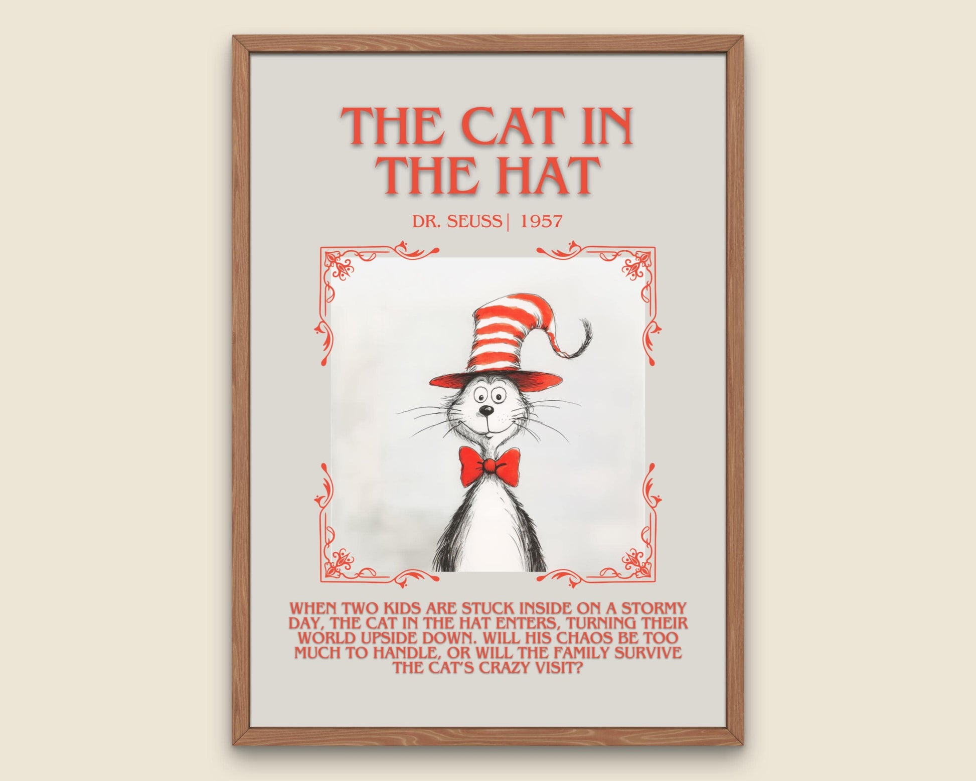 The Cat In The Hat by Dr. Seuss Descriptive, High Quality Poster Print. Free Delivery Wall Art.Author and Blurb Book Artwork