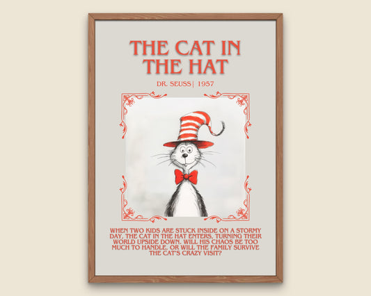 The Cat In The Hat by Dr. Seuss Descriptive, High Quality Poster Print. Free Delivery Wall Art.Author and Blurb Book Artwork