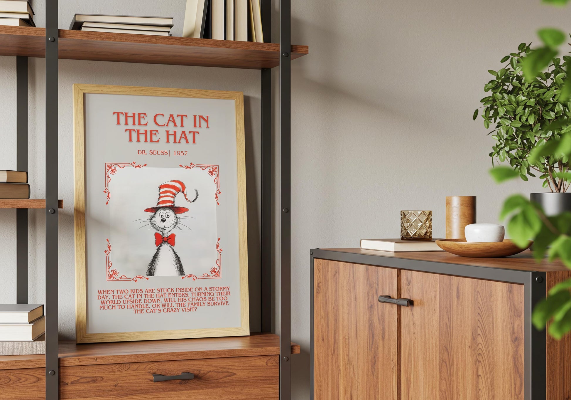 The Cat In The Hat by Dr. Seuss Descriptive, High Quality Poster Print. Free Delivery Wall Art.Author and Blurb Book Artwork