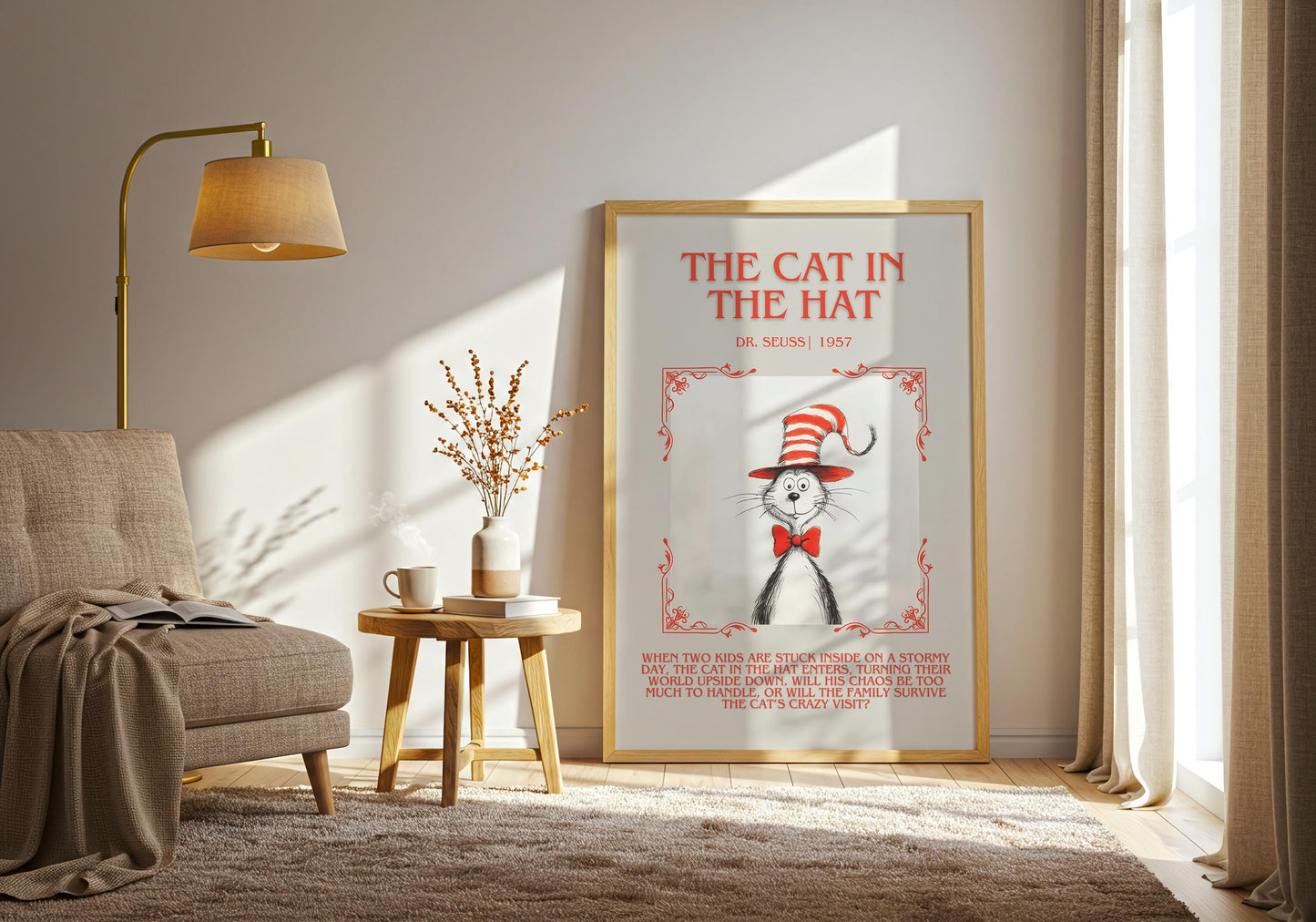 The Cat In The Hat by Dr. Seuss Descriptive, High Quality Poster Print. Free Delivery Wall Art.Author and Blurb Book Artwork