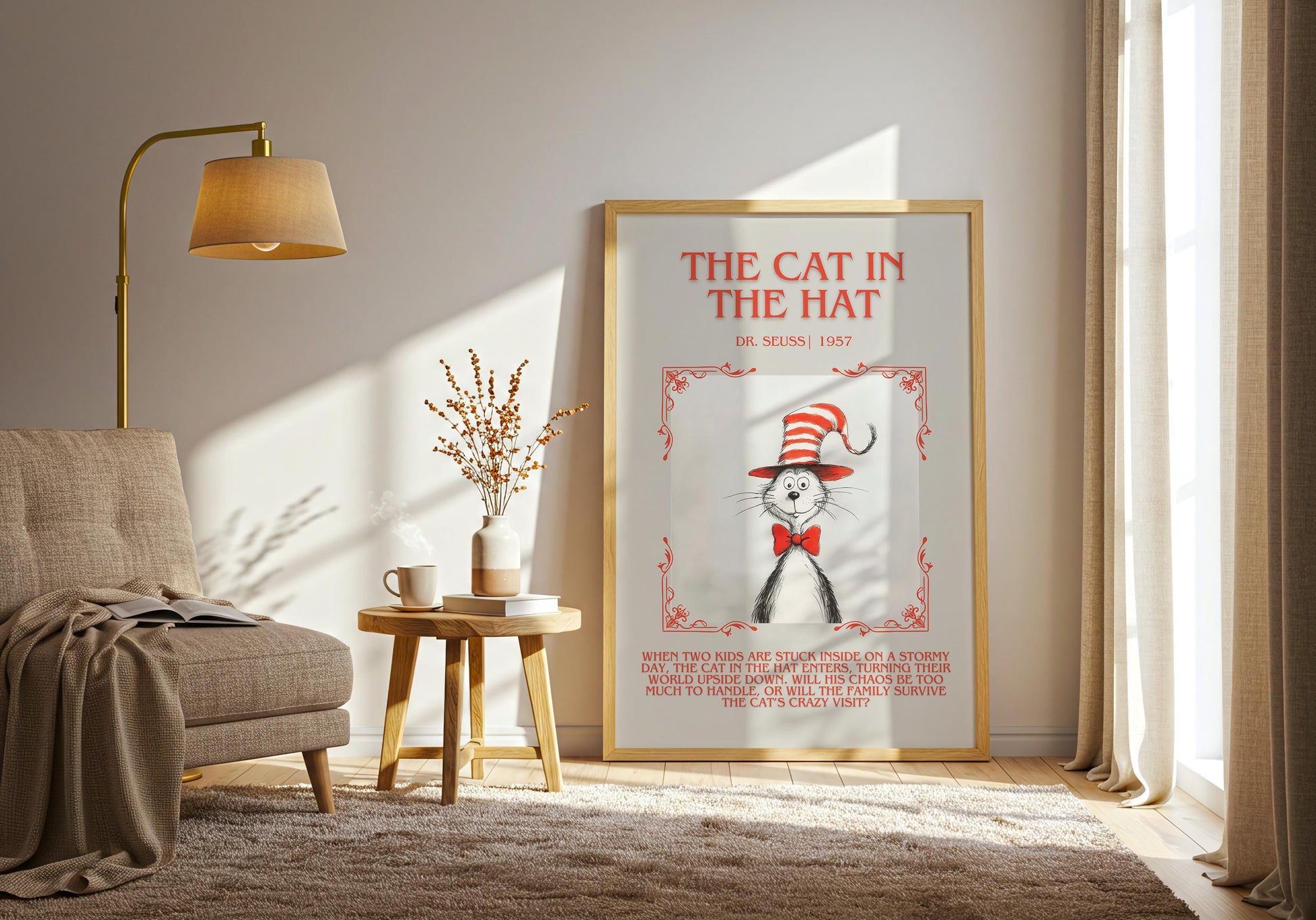 The Cat In The Hat by Dr. Seuss Descriptive, High Quality Poster Print. Free Delivery Wall Art.Author and Blurb Book Artwork