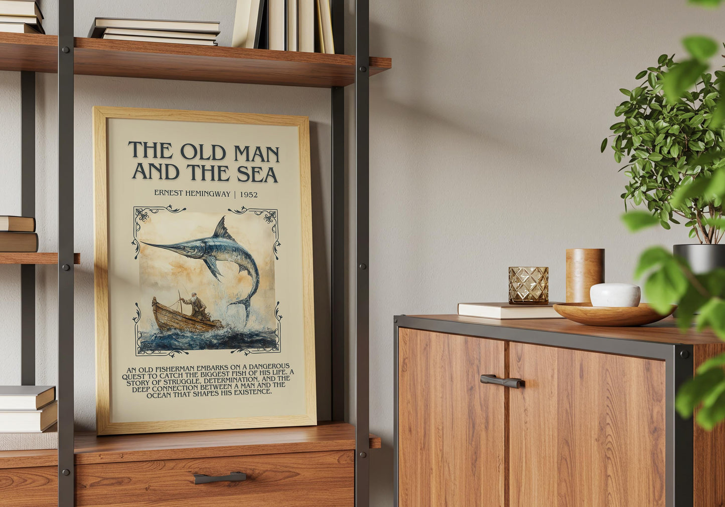 The Old Man And The Sea by Ernest Hemingway Descriptive, High Quality Poster Print. Free Delivery Wall Art.Author and Blurb Book Artwork