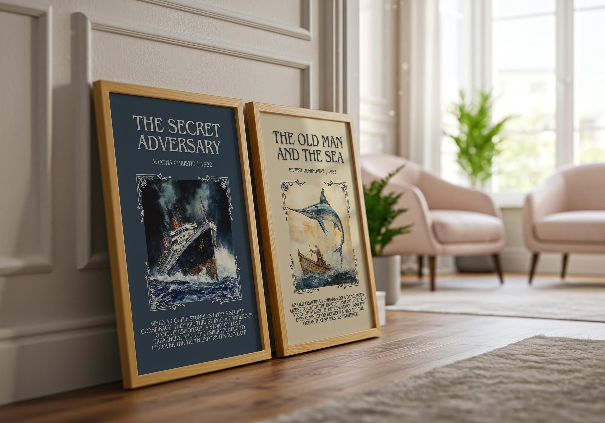 The Old Man And The Sea by Ernest Hemingway Descriptive, High Quality Poster Print. Free Delivery Wall Art.Author and Blurb Book Artwork