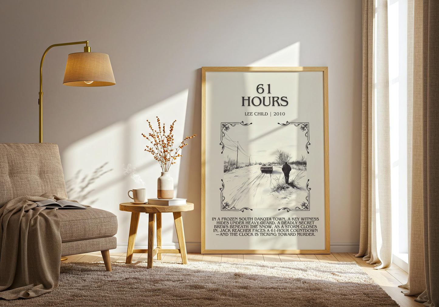 61 Hours by Lee Child Descriptive, High Quality Poster Print. Free Delivery Wall Art. Author & Blurb Book Artwork. Book Summary Gift