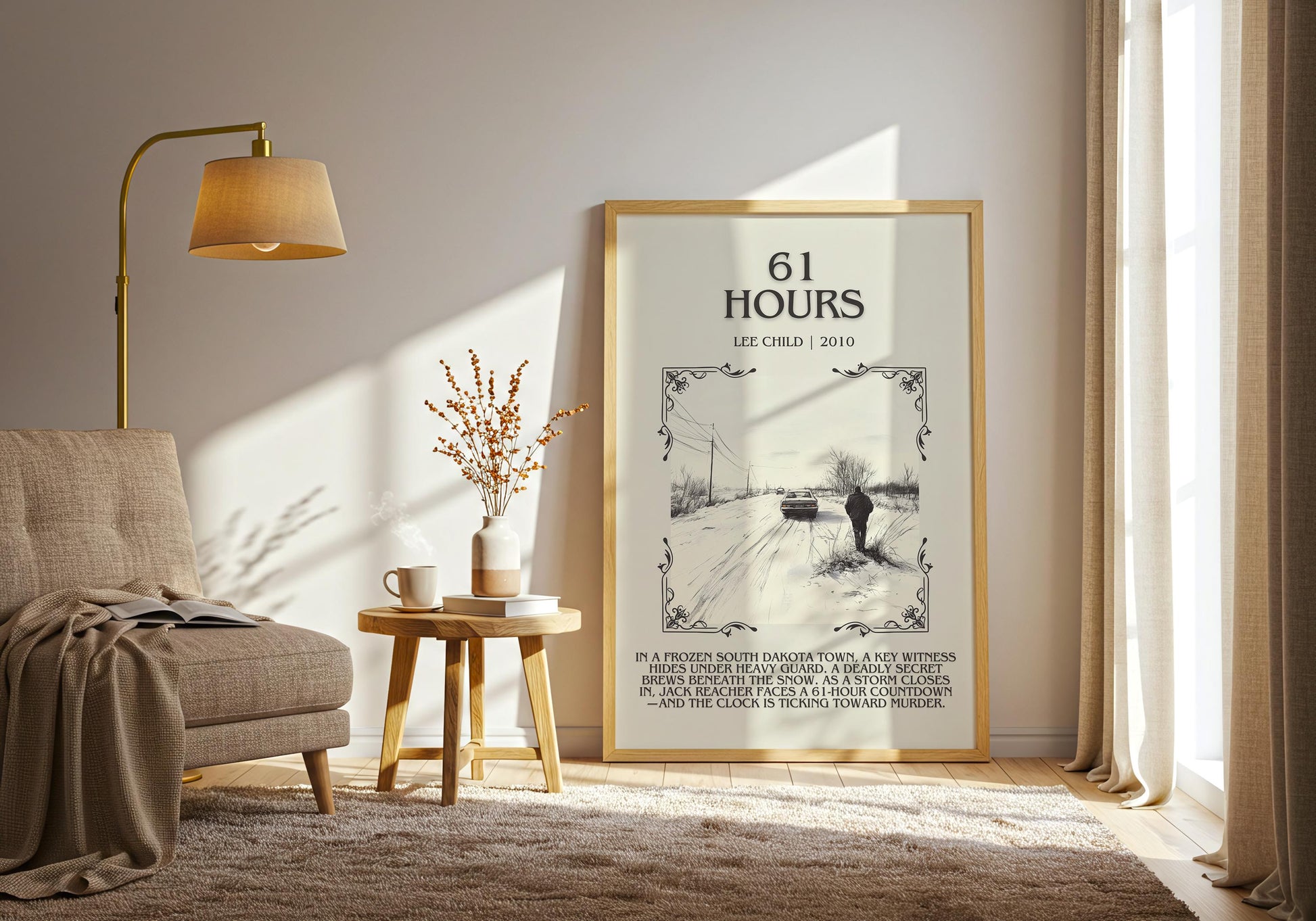61 Hours by Lee Child Descriptive, High Quality Poster Print. Free Delivery Wall Art. Author & Blurb Book Artwork. Book Summary Gift
