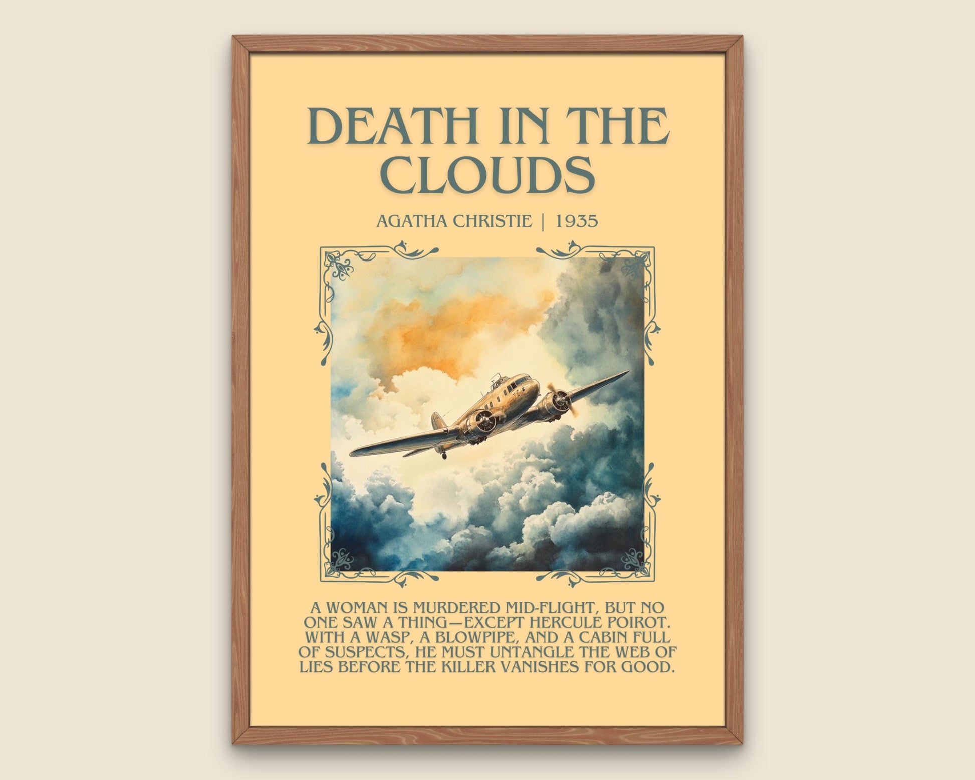Death In The Clouds by Agatha Christie Descriptive, High Quality Poster Print. Free Delivery Wall Art.Author & Blurb Book Artwork. Book Gift