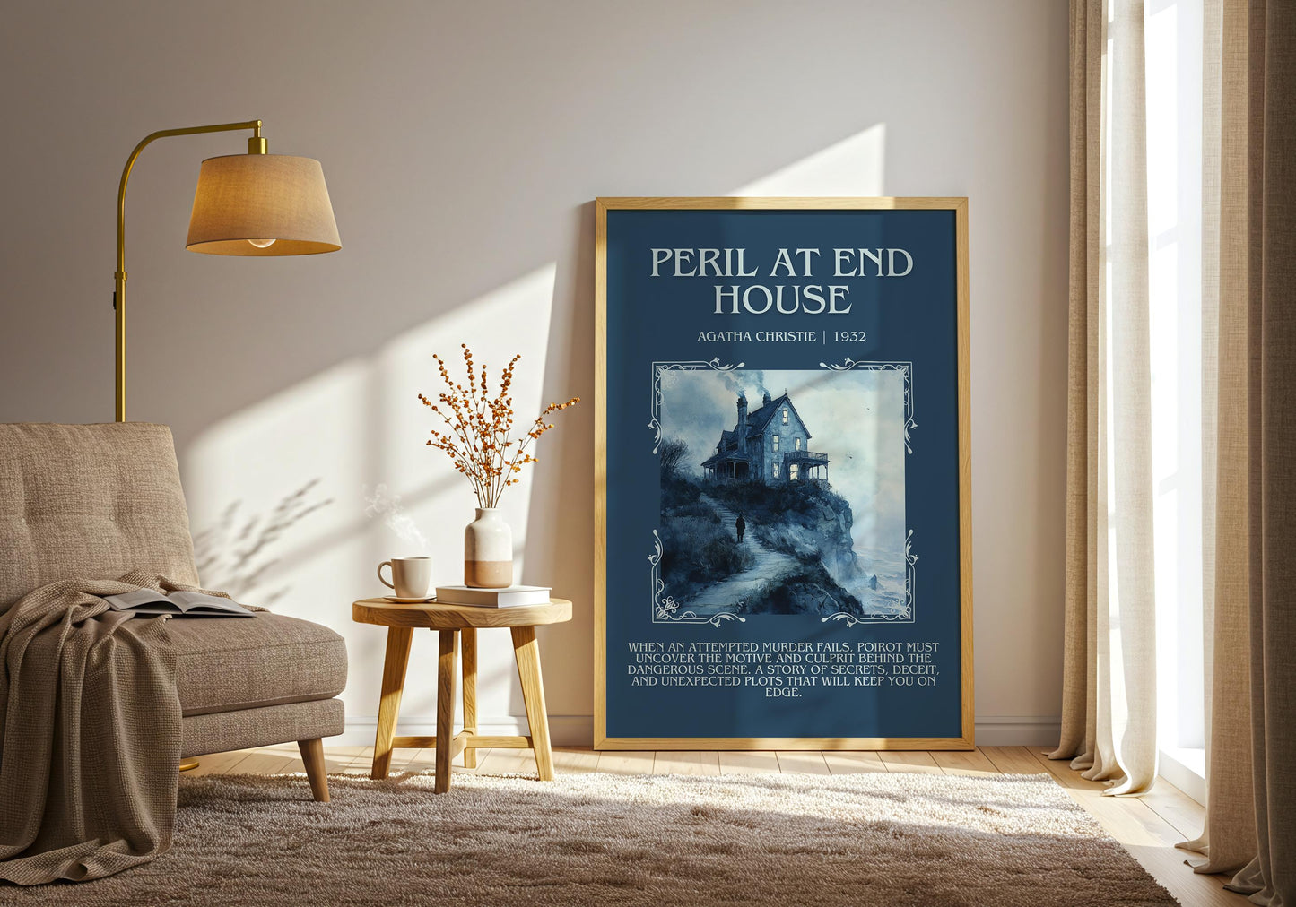 Peril At End House by Agatha Christie Descriptive, High Quality Poster Print Free Delivery Wall Art. Author&Blurb Book Artwork. Summary Gift