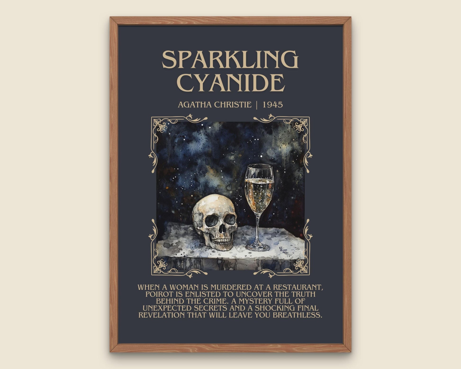 Sparkling Cyanide by Agatha Christie Descriptive, High Quality Poster Print. Free Delivery Wall Art. Author&Blurb Book Artwork. Summary Gift