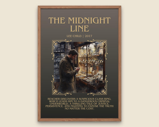 The Midnight Line by Lee Child Descriptive, High Quality Poster Print. Free Delivery Wall Art. Author&Blurb Book Artwork. Book Summary Gift