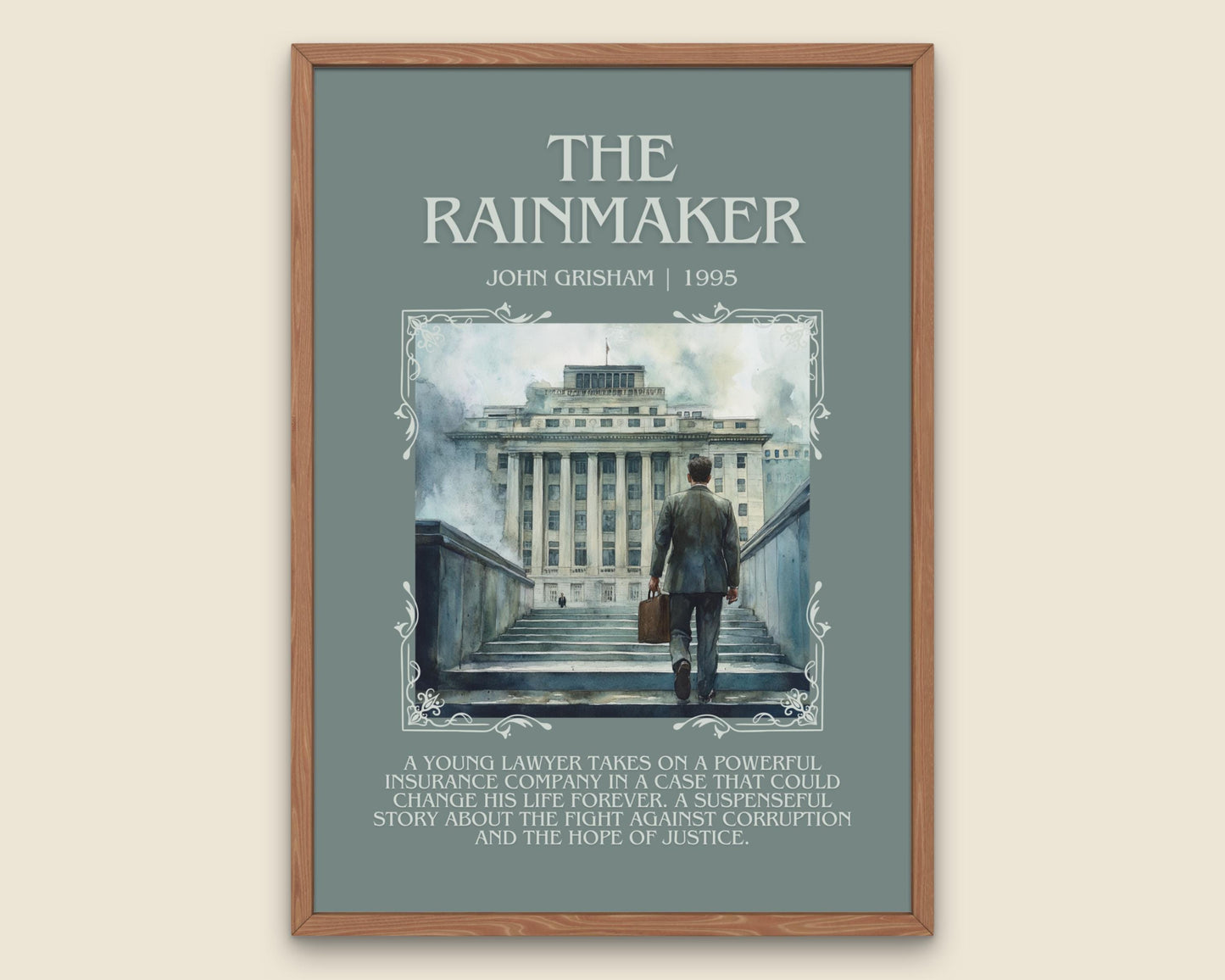 The Rainmaker by John Grisham Descriptive, High Quality Poster Print Free Delivery Wall Art. Author&Blurb Book Artwork. Book Summary Gift