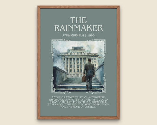 The Rainmaker by John Grisham Descriptive, High Quality Poster Print Free Delivery Wall Art. Author&Blurb Book Artwork. Book Summary Gift