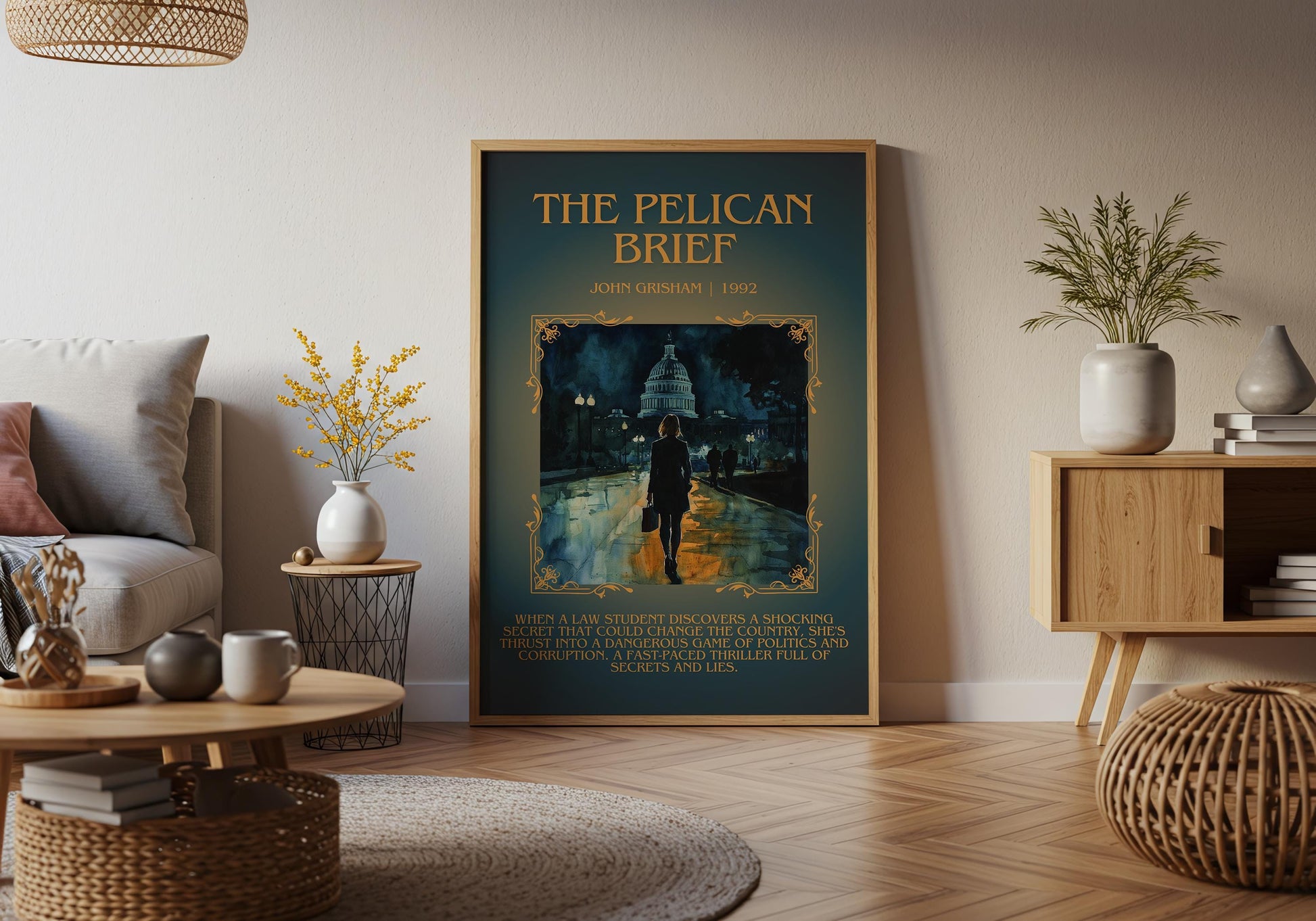 The Pelican Brief by John Grisham Descriptive, High Quality Poster Print. Free Delivery Wall Art.Author&Blurb Book Artwork.Book Summary Gift
