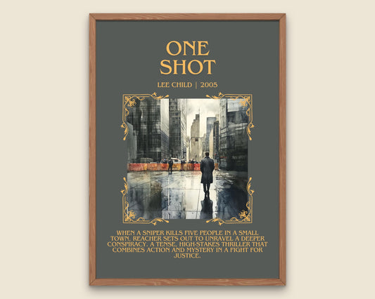 One Shot by Lee Child Descriptive, High Quality Poster Print. Fast, Free Delivery Wall Art. Author & Blurb Book Artwork. Book Summary Gift