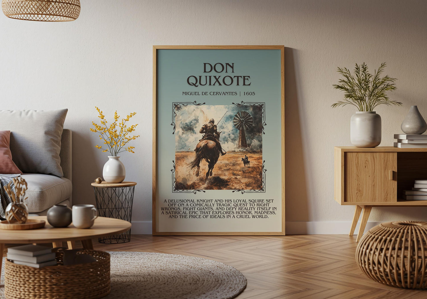 Don Quixote by Miguel De Cervantes Descriptive, High Quality Poster Print.Free Delivery Wall Art. Author&Blurb Book Artwork Novel Nook Gift