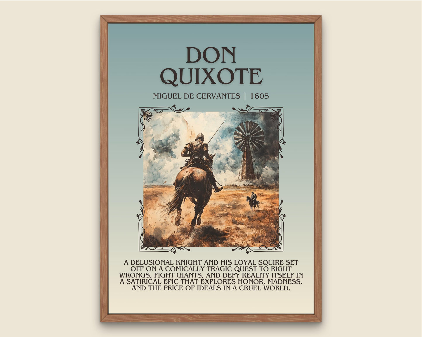 Don Quixote by Miguel De Cervantes Descriptive, High Quality Poster Print.Free Delivery Wall Art. Author&Blurb Book Artwork Novel Nook Gift